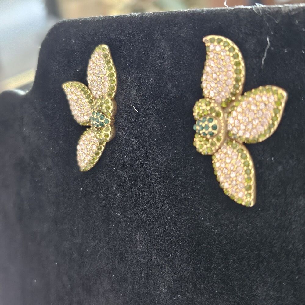 STELLA & DOT Flower Pink Green Pave Rhinestone Pierced Earrings - Picture 6 of 12